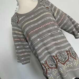 Soft Surroundings Artiste Tunic Top Striped Embroidered Sequined Taupe Size M